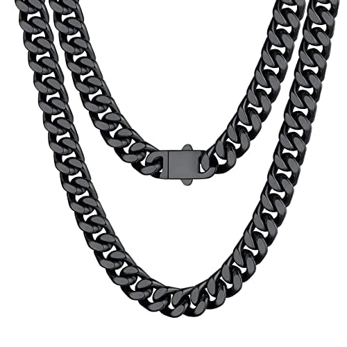 Bestyle Cuban Chain Necklace 5 mm/7 mm/9 mm/12 mm Width Necklace Cuban Miami Chain Length 45-76 cm Necklace Stainless Steel Cuban Chain Silver/Gold/Black Hip Hop Rock Punk Chain