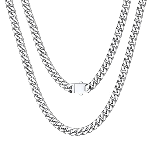 Bestyle Cuban Chain Necklace 5 mm/7 mm/9 mm/12 mm Width Necklace Cuban Miami Chain Length 45-76 cm Necklace Stainless Steel Cuban Chain Silver/Gold/Black Hip Hop Rock Punk Chain