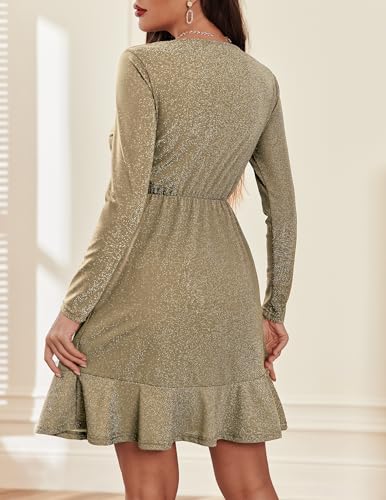 Zeagoo Women Glitter Dress V Neck Long Sleeve Ruffle Hem Cocktail Party Dress Sparkly Mini Dress