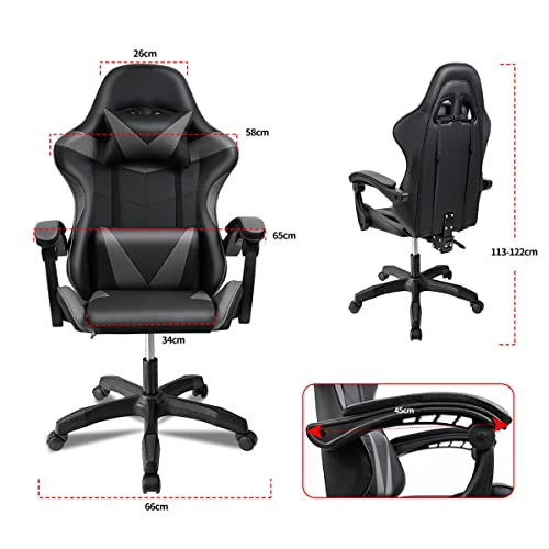 Ergonomic Reclining Gaming Chair with Lumbar and Cervical Cushion | Adjustable Height, Padded Armrests, 360° Wheels | Ideal for Office, Desk, Telework, Study, Gaming, Computer