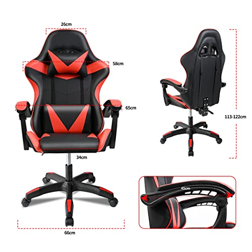 Ergonomic Reclining Gaming Chair with Lumbar and Cervical Cushion | Adjustable Height, Padded Armrests, 360° Wheels | Ideal for Office, Desk, Telework, Study, Gaming, Computer