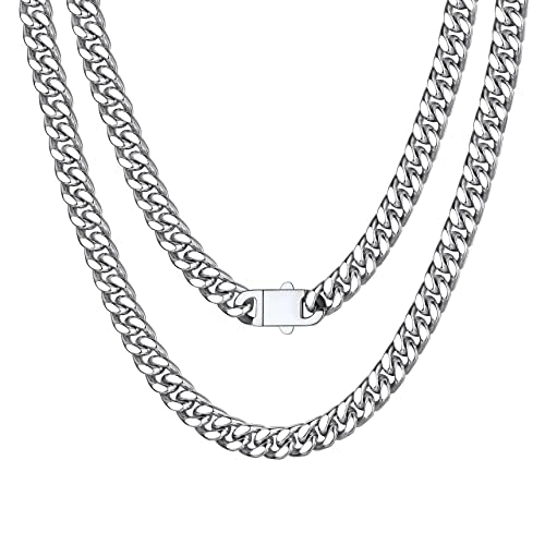Bestyle Cuban Chain Necklace 5 mm/7 mm/9 mm/12 mm Width Necklace Cuban Miami Chain Length 45-76 cm Necklace Stainless Steel Cuban Chain Silver/Gold/Black Hip Hop Rock Punk Chain