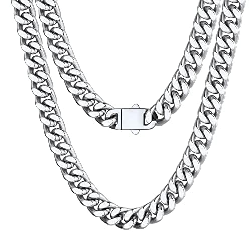 Bestyle Cuban Chain Necklace 5 mm/7 mm/9 mm/12 mm Width Necklace Cuban Miami Chain Length 45-76 cm Necklace Stainless Steel Cuban Chain Silver/Gold/Black Hip Hop Rock Punk Chain