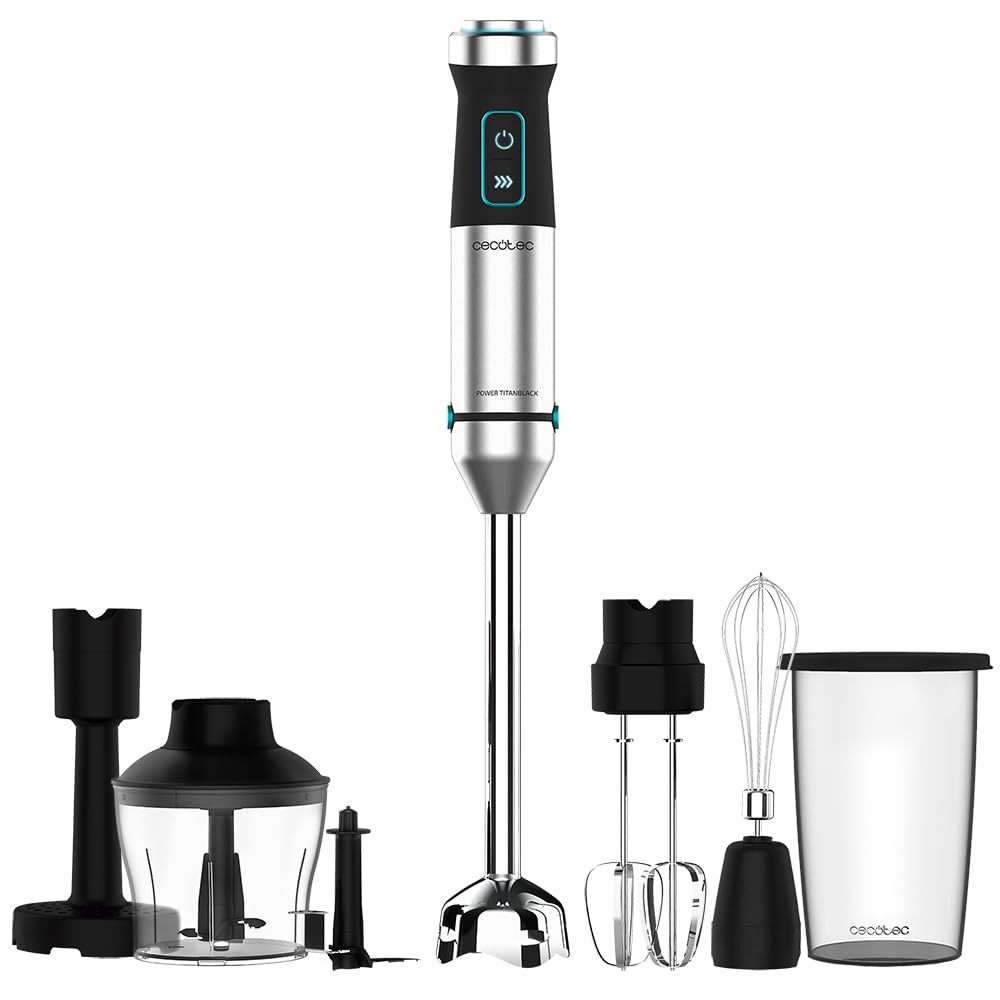 Cecotec Power TitanBlack 1500 XL PerfectCream&Crush Hand Blender, 1500 W, CrossBlades Technology with 4-Blade Blades, XL Foot, Includes Chopper, Whisk Sticks and Masher