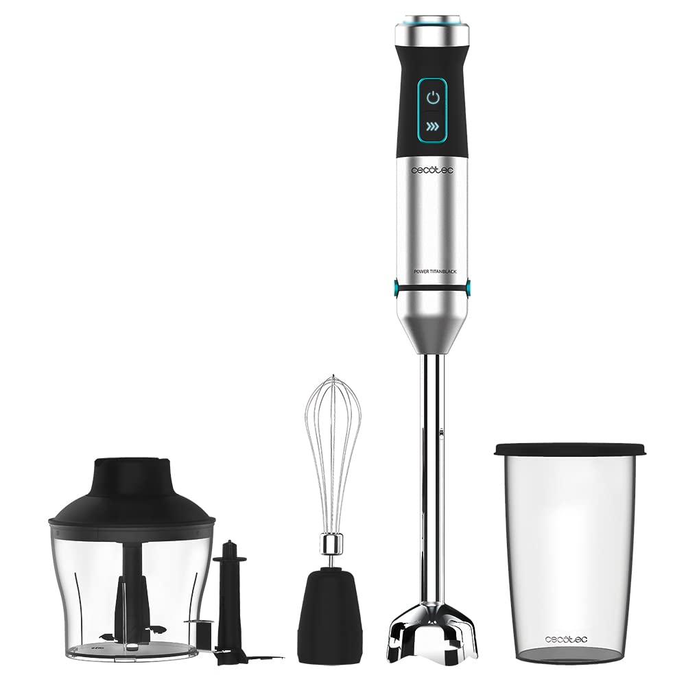 Cecotec Power TitanBlack 1500 XL PerfectCream&Crush Hand Blender, 1500 W, CrossBlades Technology with 4-Blade Blades, XL Foot, Includes Chopper, Whisk Sticks and Masher