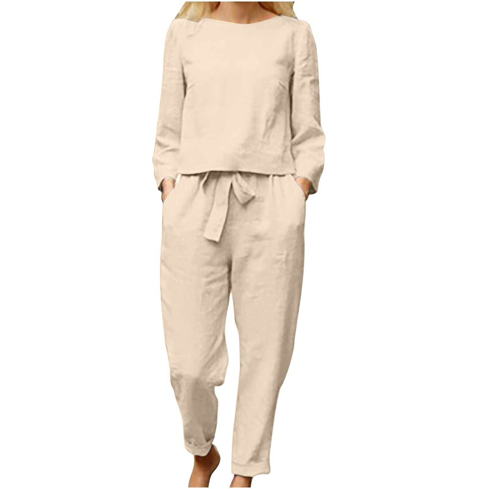 2023 Two Piece Set Women Casual Long Sleeve T-Shirt and Pants Drawstring Autumn Spring Sports Jogging Suit Plus Size Loose Set Fashion Comfortable Solid Color Home Pajama Tracksuit