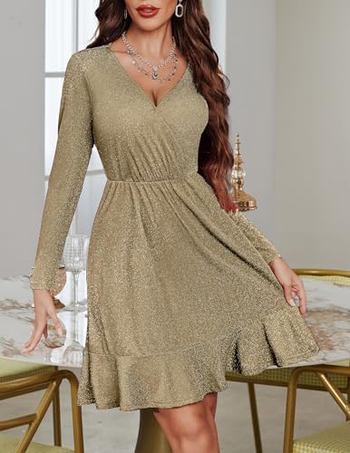Zeagoo Women Glitter Dress V Neck Long Sleeve Ruffle Hem Cocktail Party Dress Sparkly Mini Dress