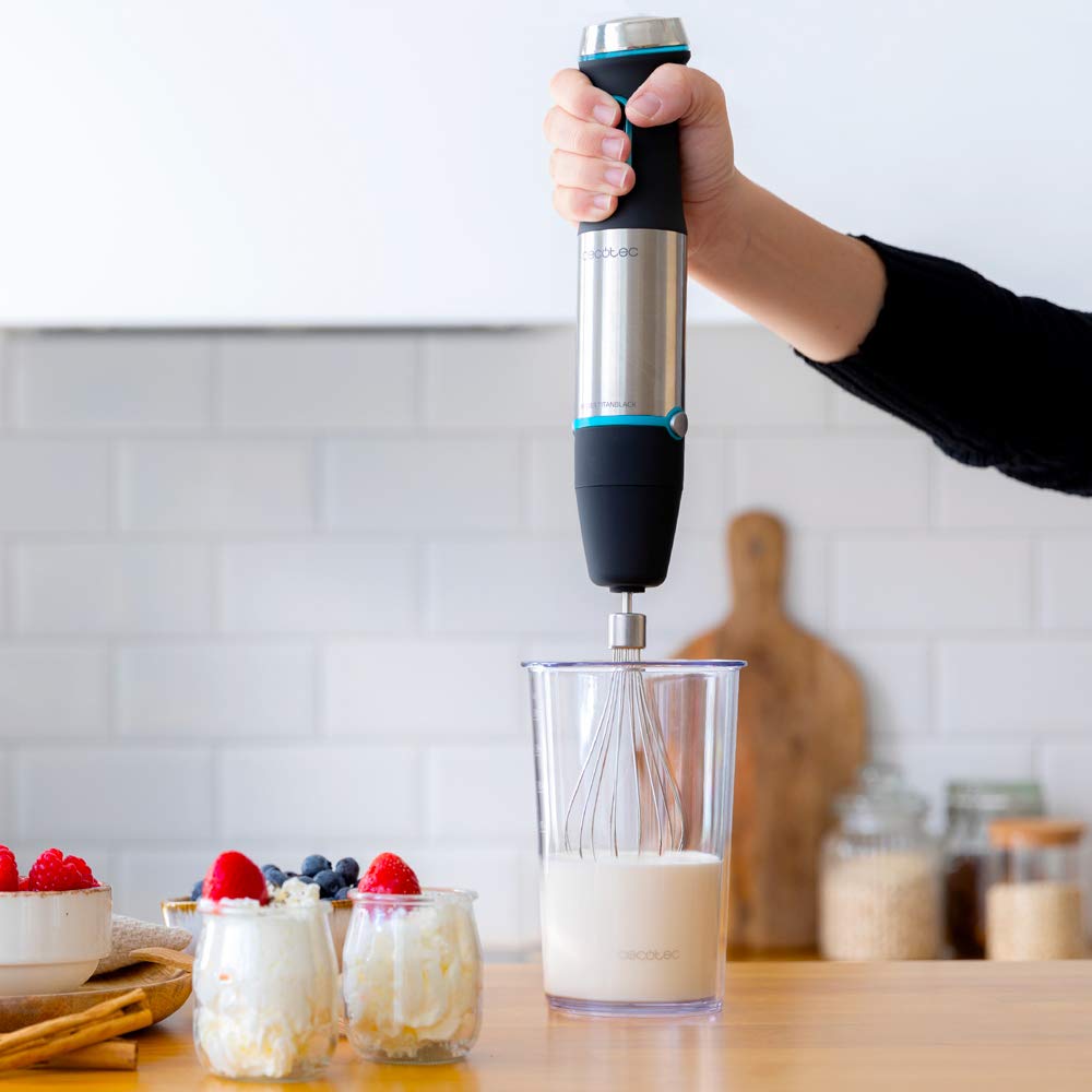 Cecotec Power TitanBlack 1500 XL PerfectCream&Crush Hand Blender, 1500 W, CrossBlades Technology with 4-Blade Blades, XL Foot, Includes Chopper, Whisk Sticks and Masher
