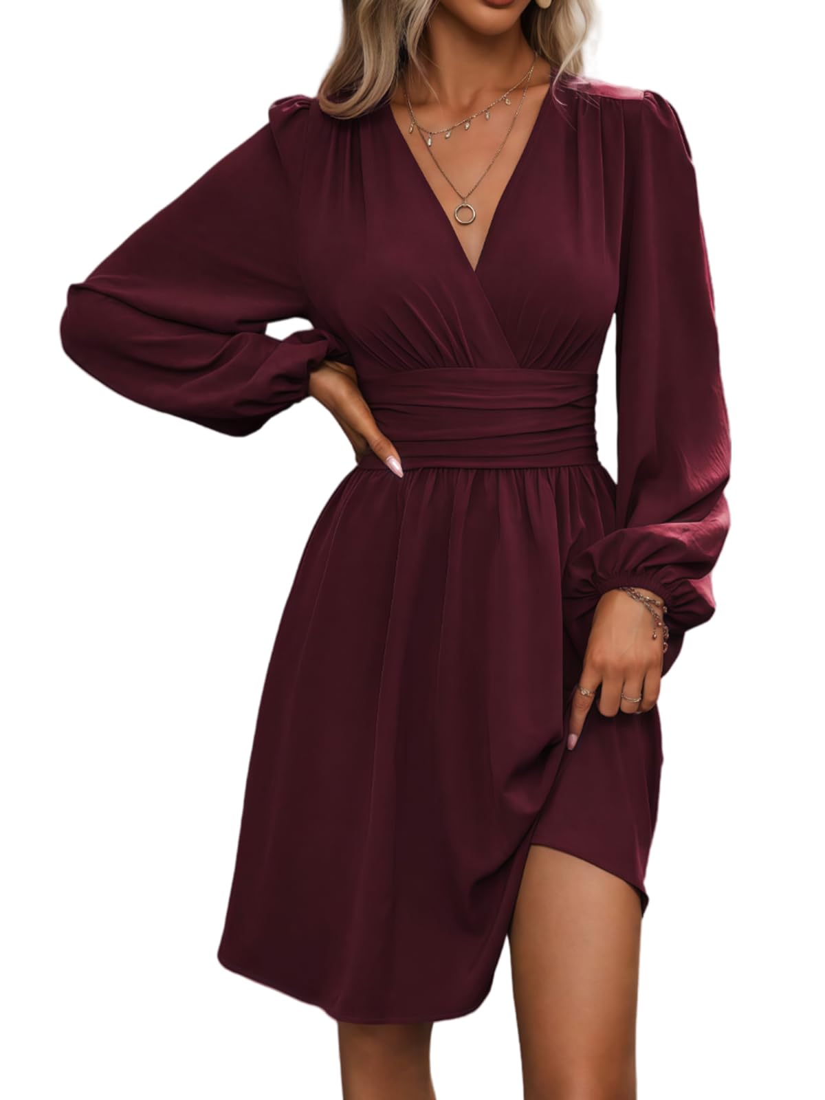 Dress Long Sleeve/Short Sleeve Women Casual Long Dresses V Neck Elegant Lantern Sleeve Dress A-Line Butterfly Sleeves