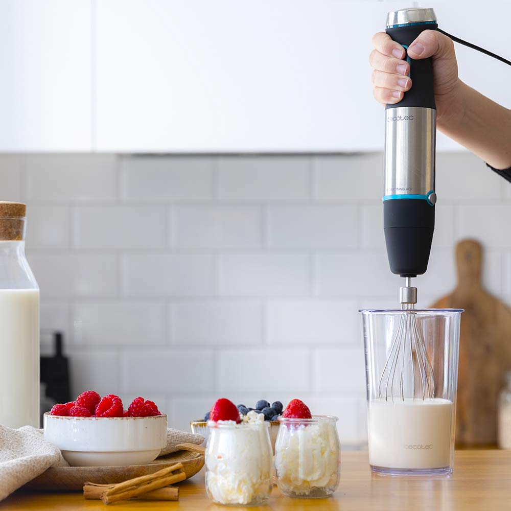 Cecotec Power TitanBlack 1500 XL PerfectCream&Crush Hand Blender, 1500 W, CrossBlades Technology with 4-Blade Blades, XL Foot, Includes Chopper, Whisk Sticks and Masher