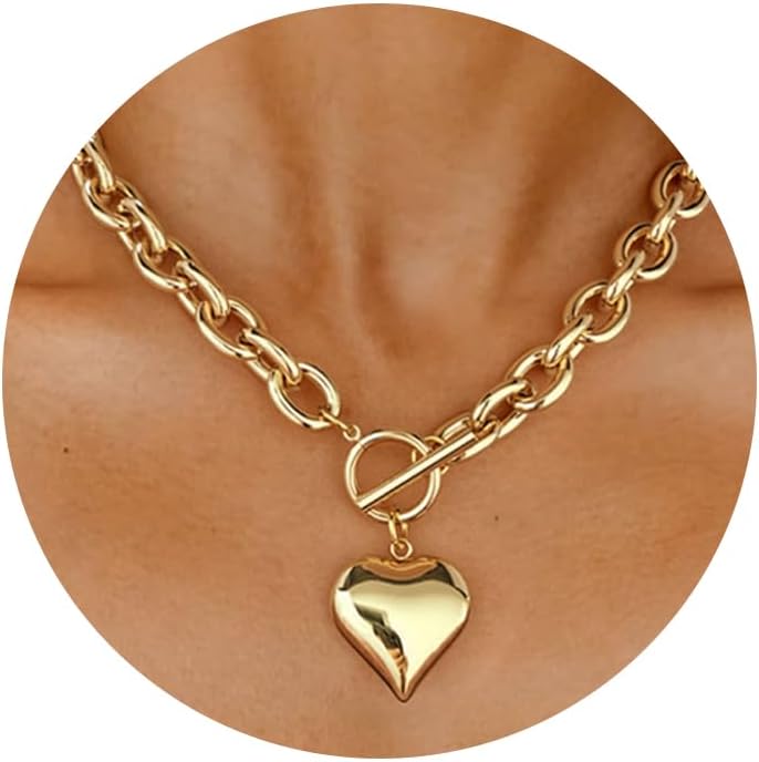 WOWORAMA gold chunky chain necklace for women puffy heart pendant necklace white gold thick chain necklace thick chain necklace heart coin choker, zinc, no
