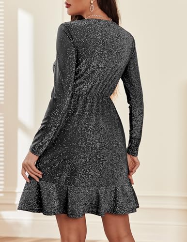 Zeagoo Women Glitter Dress V Neck Long Sleeve Ruffle Hem Cocktail Party Dress Sparkly Mini Dress