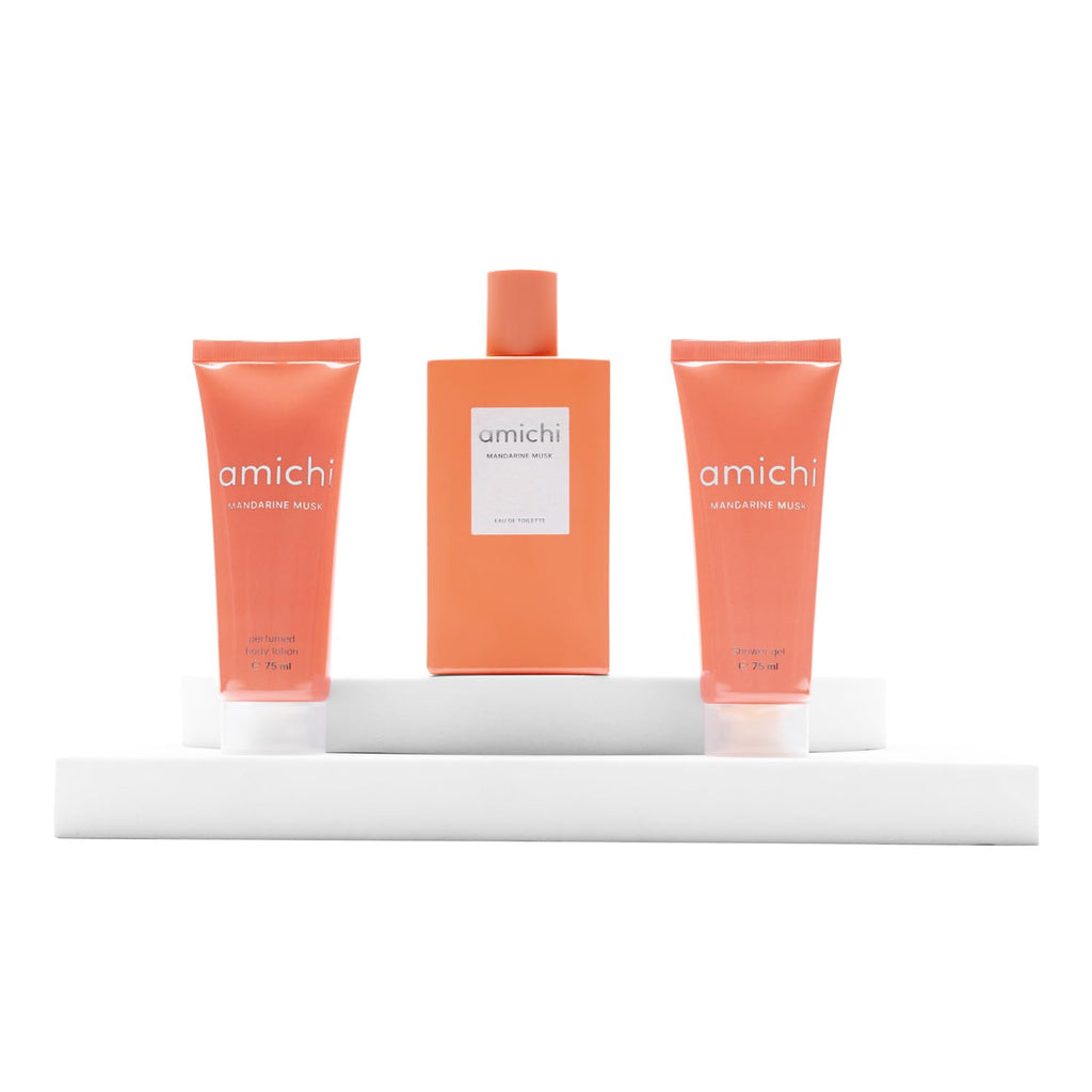 AMICHI - Mandarine Musk, Women's Gift Box, 75 ml Cologne + Body Wash 75 ml + Body Lotion 75 ml, Women's Eau de Toilette, Sweet and Citrus Fragrance, Long Lasting Extravagant Scent
