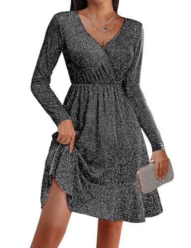 Zeagoo Women Glitter Dress V Neck Long Sleeve Ruffle Hem Cocktail Party Dress Sparkly Mini Dress