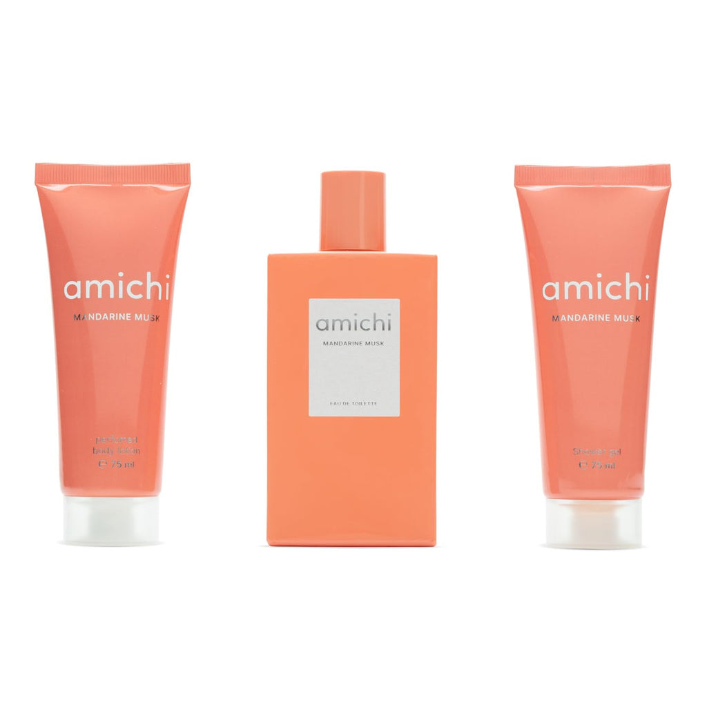 AMICHI - Mandarine Musk, Women's Gift Box, 75 ml Cologne + Body Wash 75 ml + Body Lotion 75 ml, Women's Eau de Toilette, Sweet and Citrus Fragrance, Long Lasting Extravagant Scent
