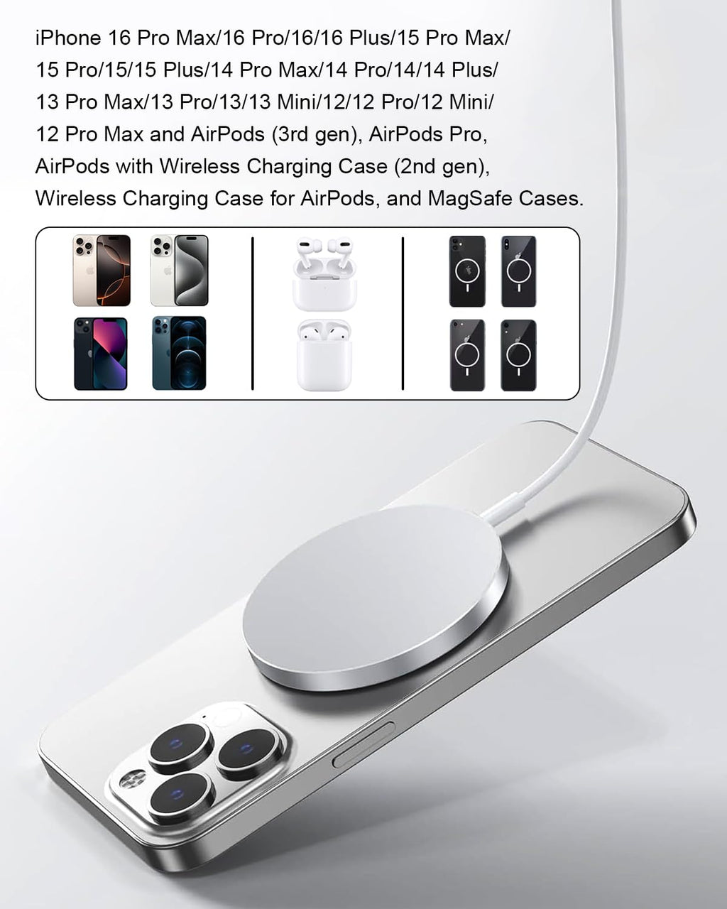 15W Wireless iPhone Charger, Mag-Safe Carregador Sem Fios Fast Charging Wireless iPhone Charger Wireless Charger for iPhone 17/16/15/14/13/12/11/Pro Max/XR/X/8 Series AirPods, Black