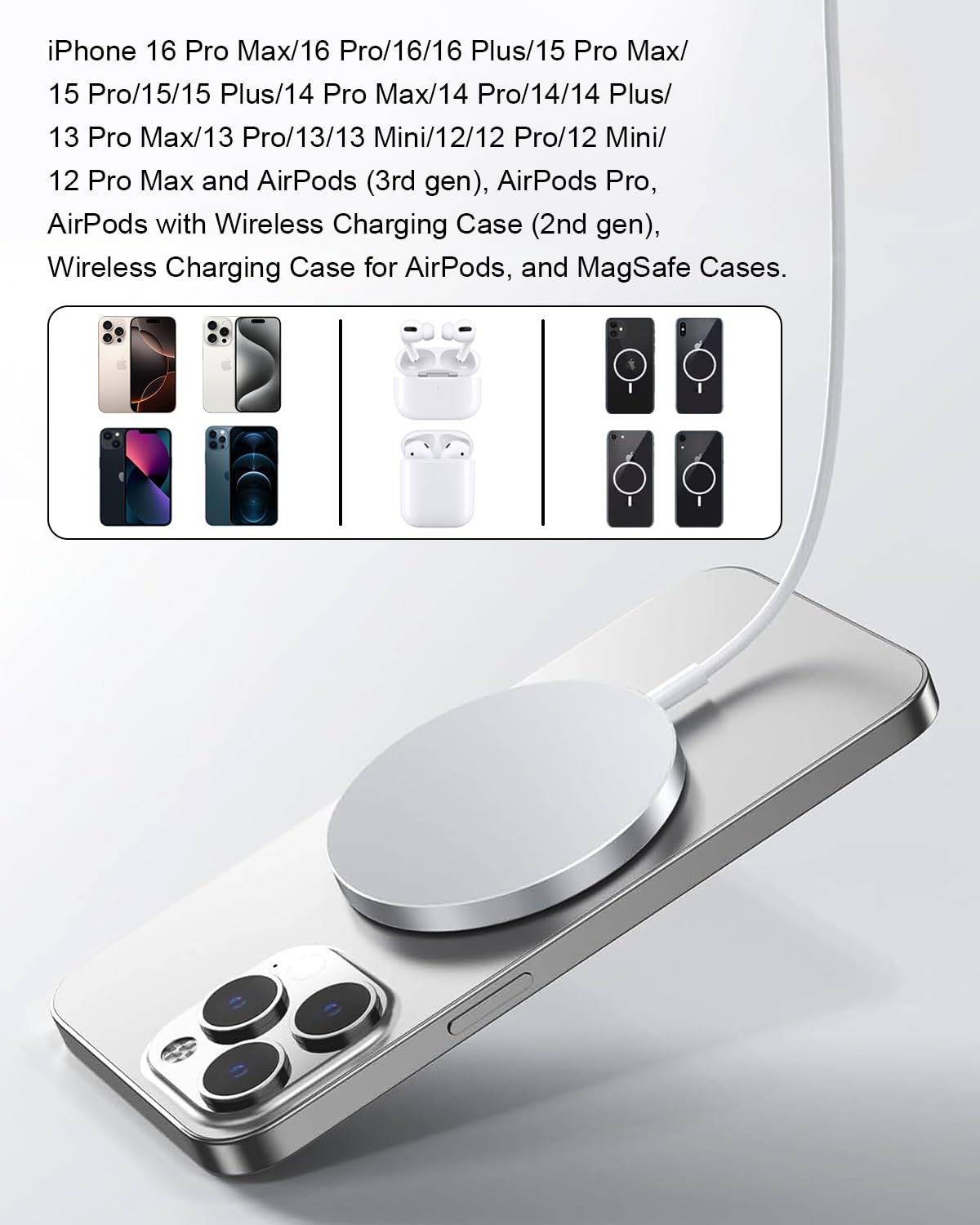 15W Wireless iPhone Charger, Mag-Safe Carregador Sem Fios Fast Charging Wireless iPhone Charger Wireless Charger for iPhone 17/16/15/14/13/12/11/Pro Max/XR/X/8 Series AirPods, Black