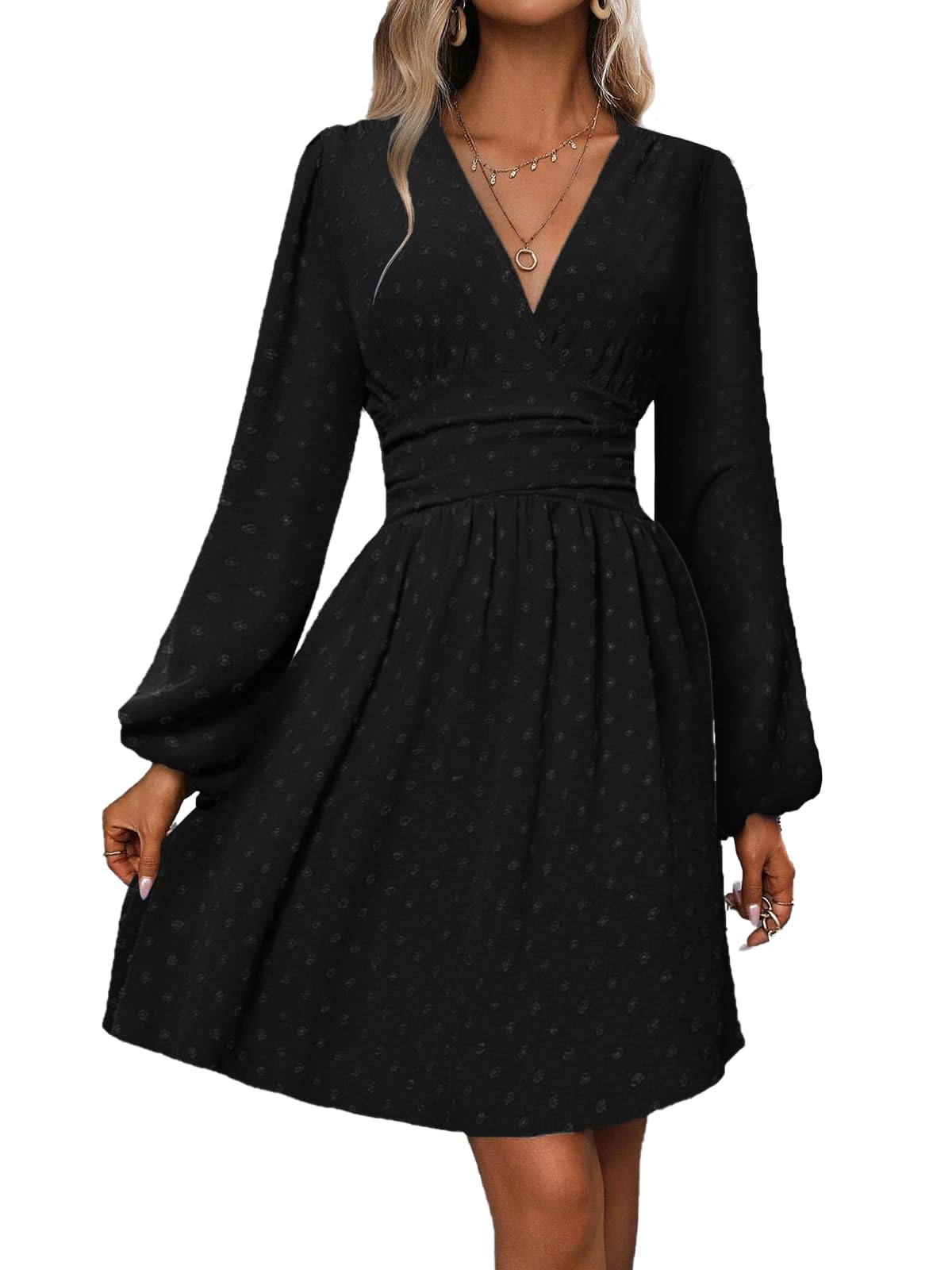 Dress Long Sleeve/Short Sleeve Women Casual Long Dresses V Neck Elegant Lantern Sleeve Dress A-Line Butterfly Sleeves
