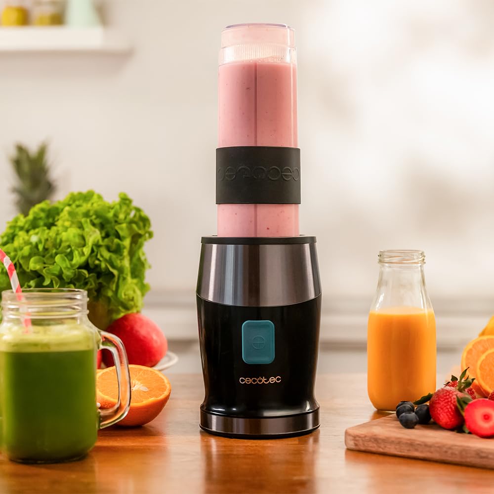 Cecotec EasyGo Power Titanium 350 350 W Portable Single Cup Blender, Ice Pick, 4 Blades Titanium Coated Black Blades, Includes 2 Cooling Tubes, 2 Portable Cups and 2 Lids