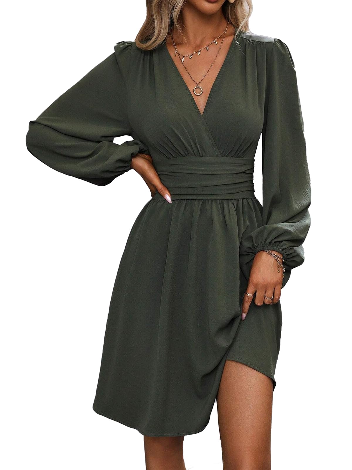 Dress Long Sleeve/Short Sleeve Women Casual Long Dresses V Neck Elegant Lantern Sleeve Dress A-Line Butterfly Sleeves