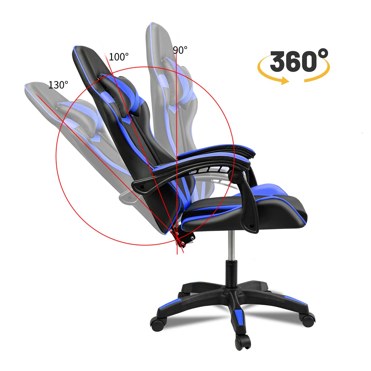 Ergonomic Reclining Gaming Chair with Lumbar and Cervical Cushion | Adjustable Height, Padded Armrests, 360° Wheels | Ideal for Office, Desk, Telework, Study, Gaming, Computer