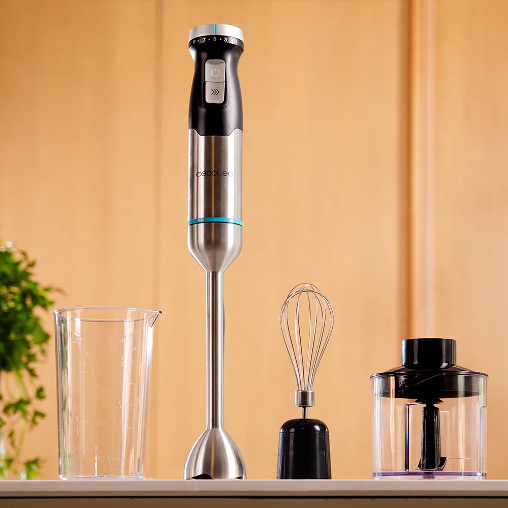 Cecotec Power TitanBlack 1500 XL PerfectCream&Crush Hand Blender, 1500 W, CrossBlades Technology with 4-Blade Blades, XL Foot, Includes Chopper, Whisk Sticks and Masher