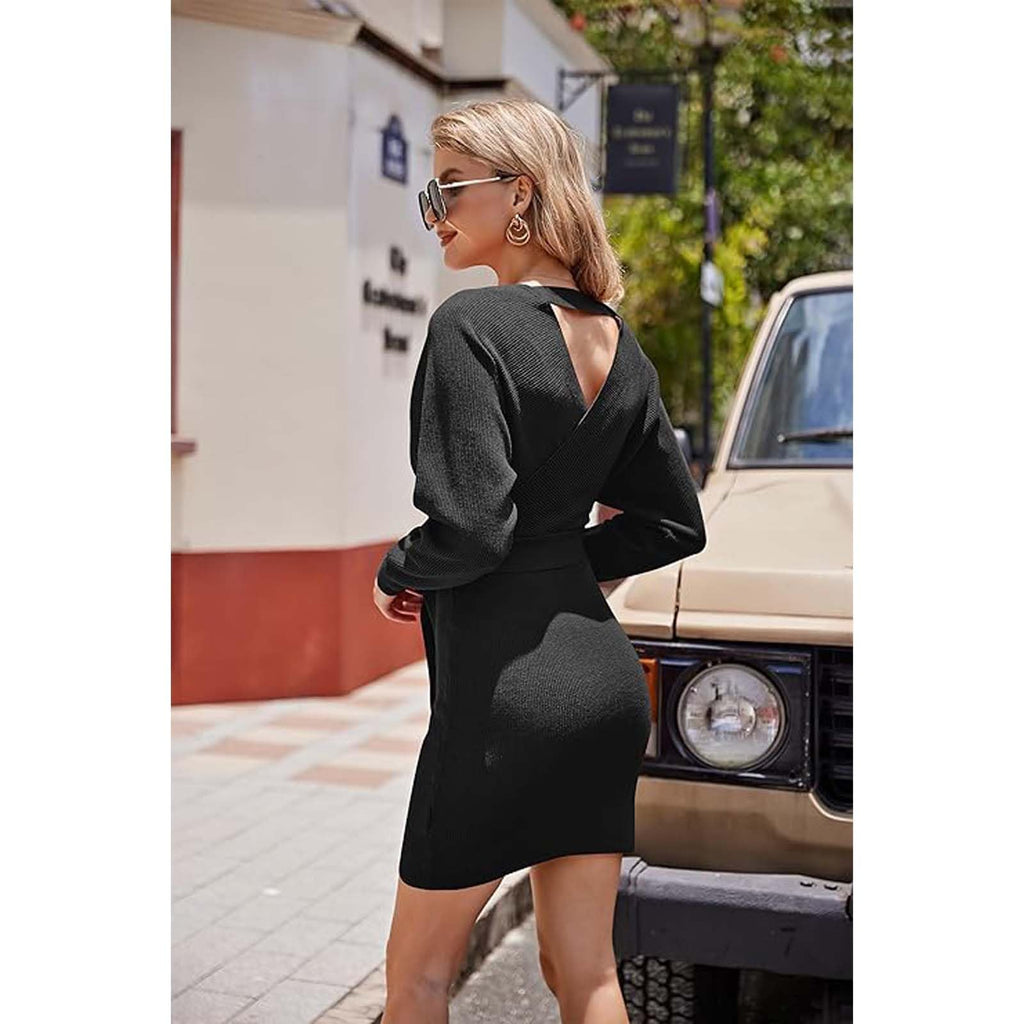Dresses Long Sleeve Women Sexy V Neck Mini Dress Knitted with Belt Short Sweater Dress Backless Elegant for Autumn Winter