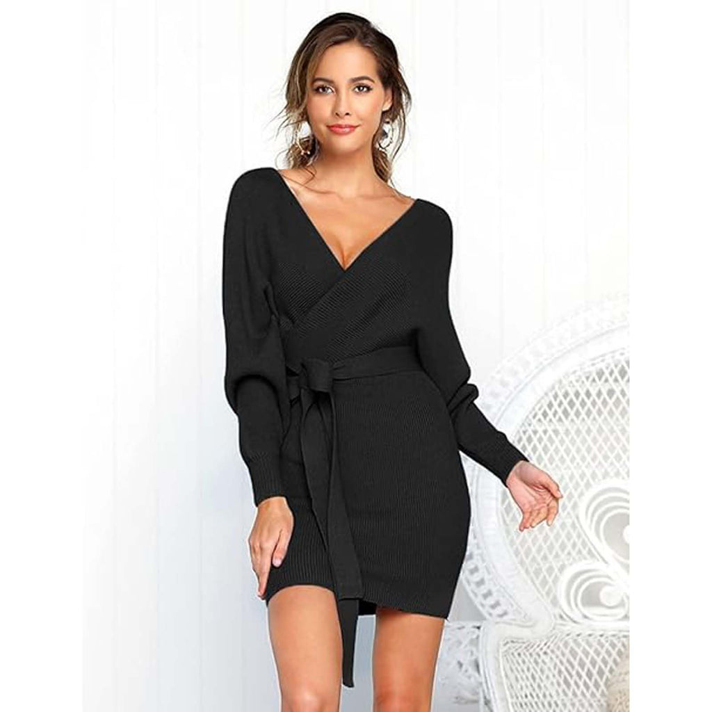 Dresses Long Sleeve Women Sexy V Neck Mini Dress Knitted with Belt Short Sweater Dress Backless Elegant for Autumn Winter