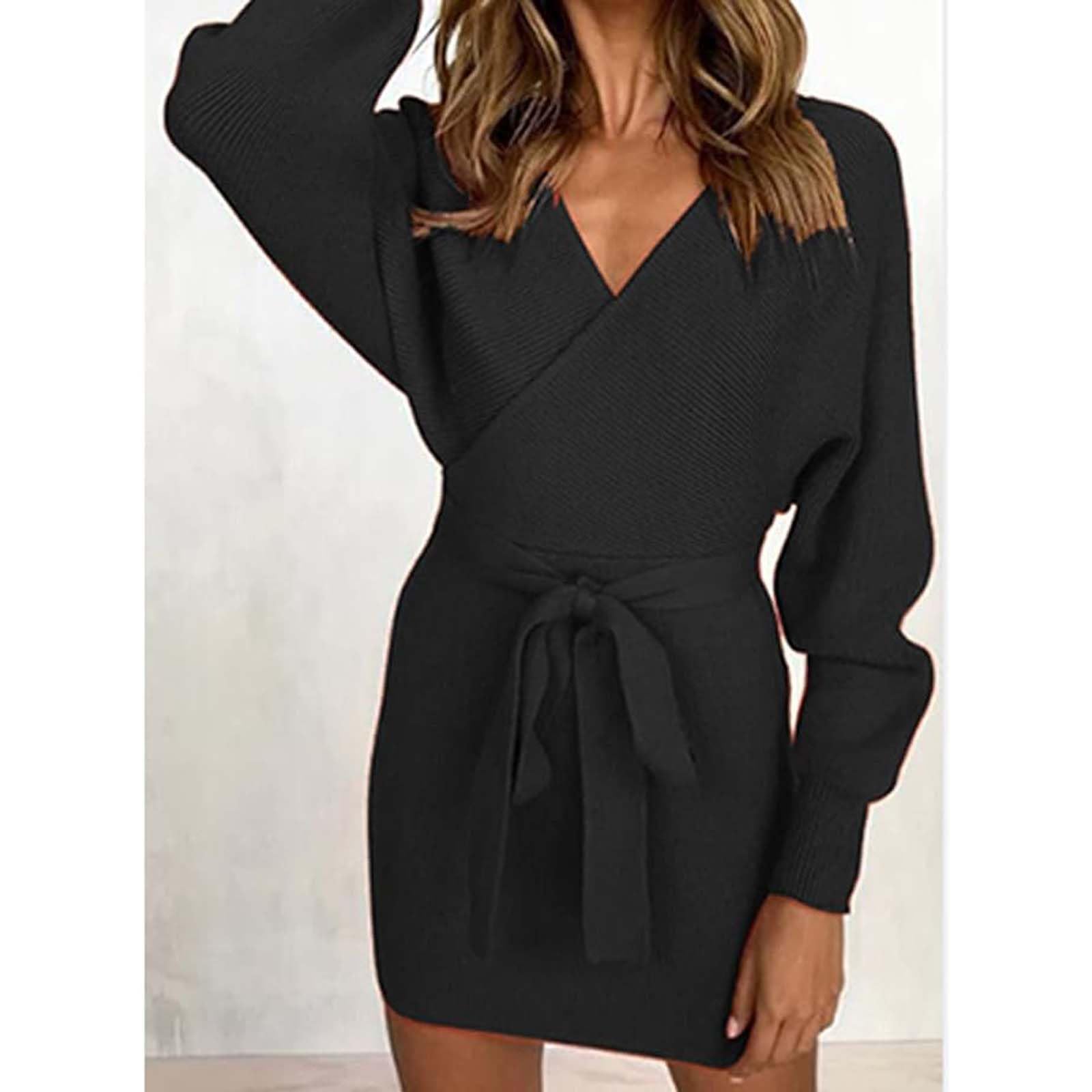 Dresses Long Sleeve Women Sexy V Neck Mini Dress Knitted with Belt Short Sweater Dress Backless Elegant for Autumn Winter