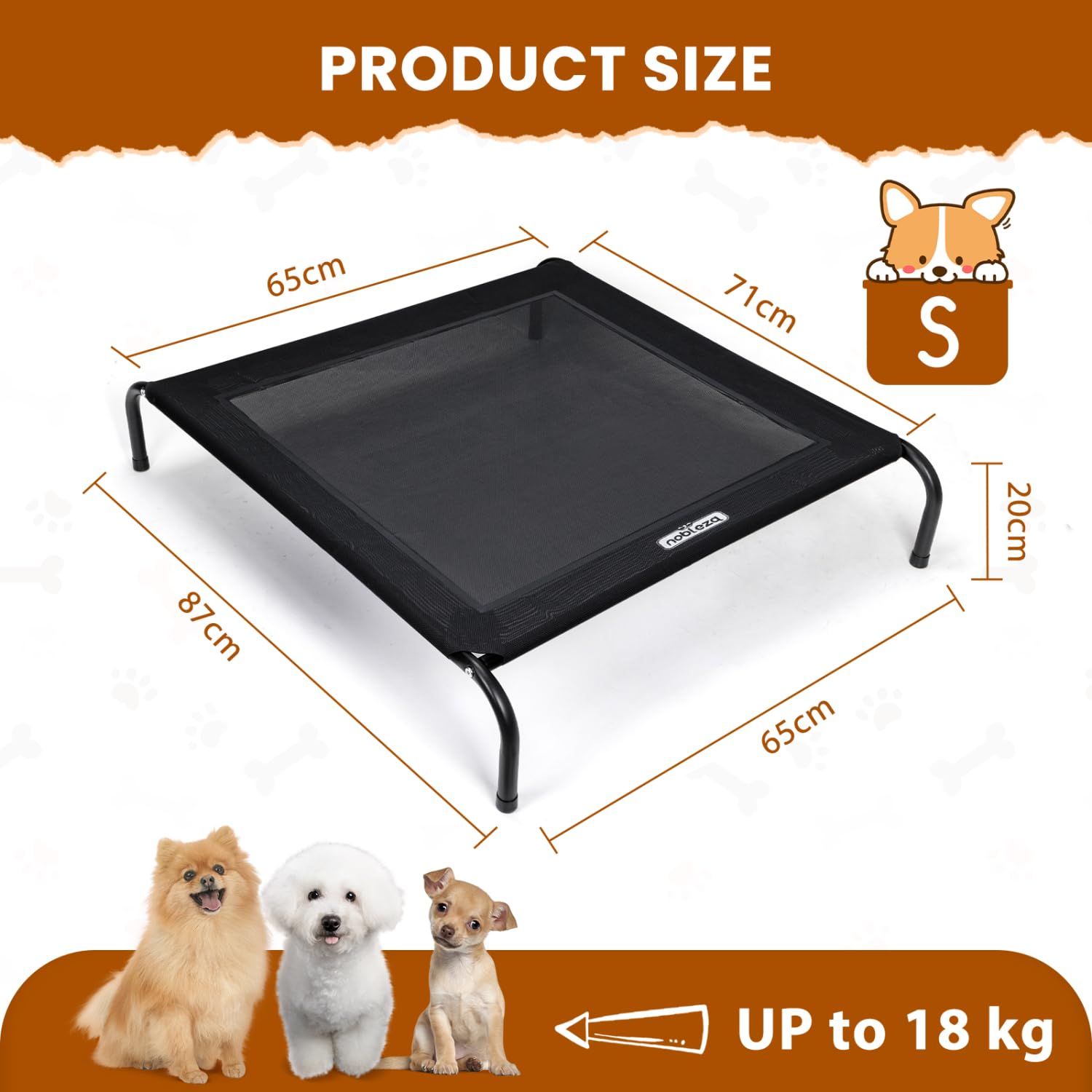 Nobleza Washable Raised Dog Bed, Cooling and Breathable for Outdoor and Indoor, Robust, Grey, L, 124 x 90 x 20 cm