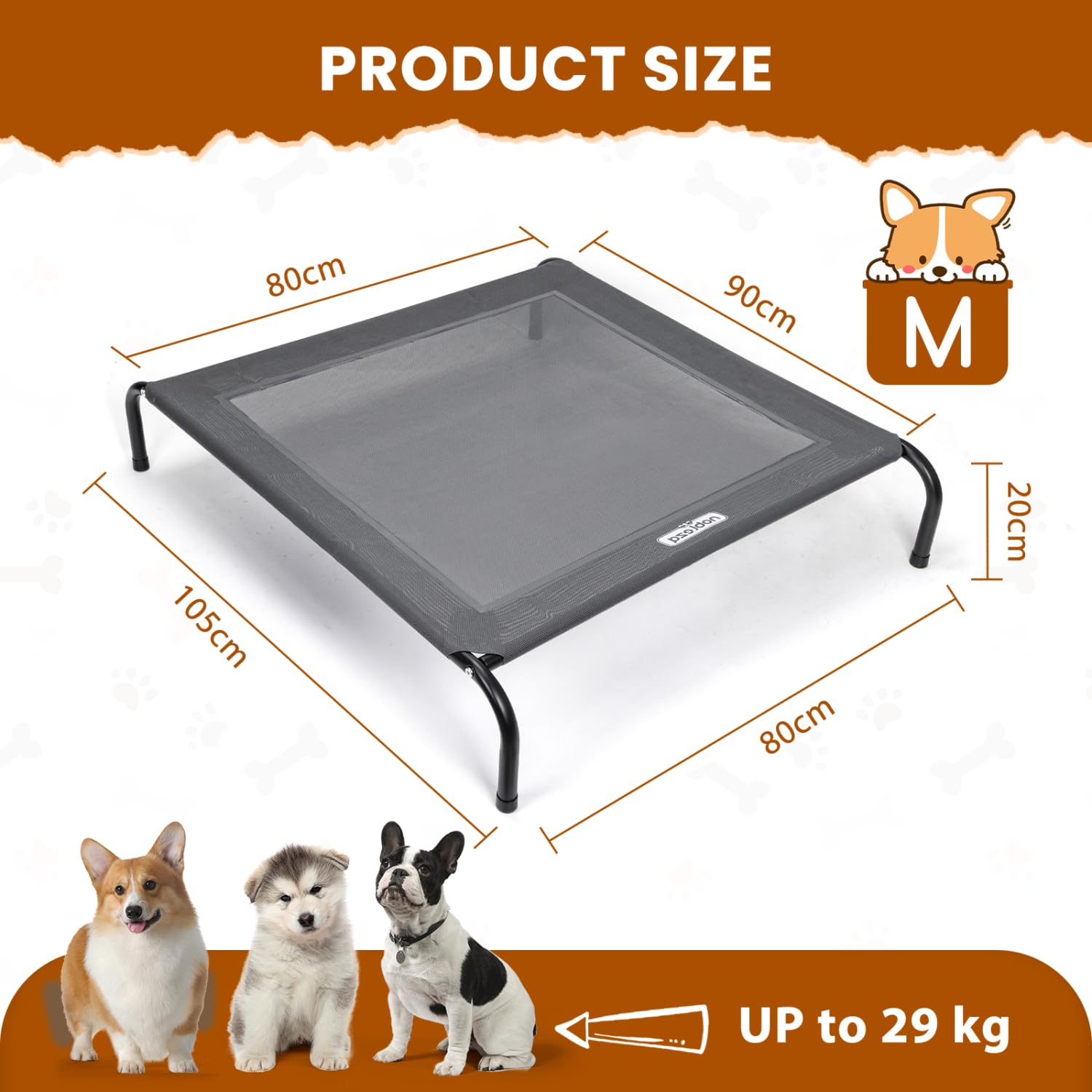 Nobleza Washable Raised Dog Bed, Cooling and Breathable for Outdoor and Indoor, Robust, Grey, L, 124 x 90 x 20 cm