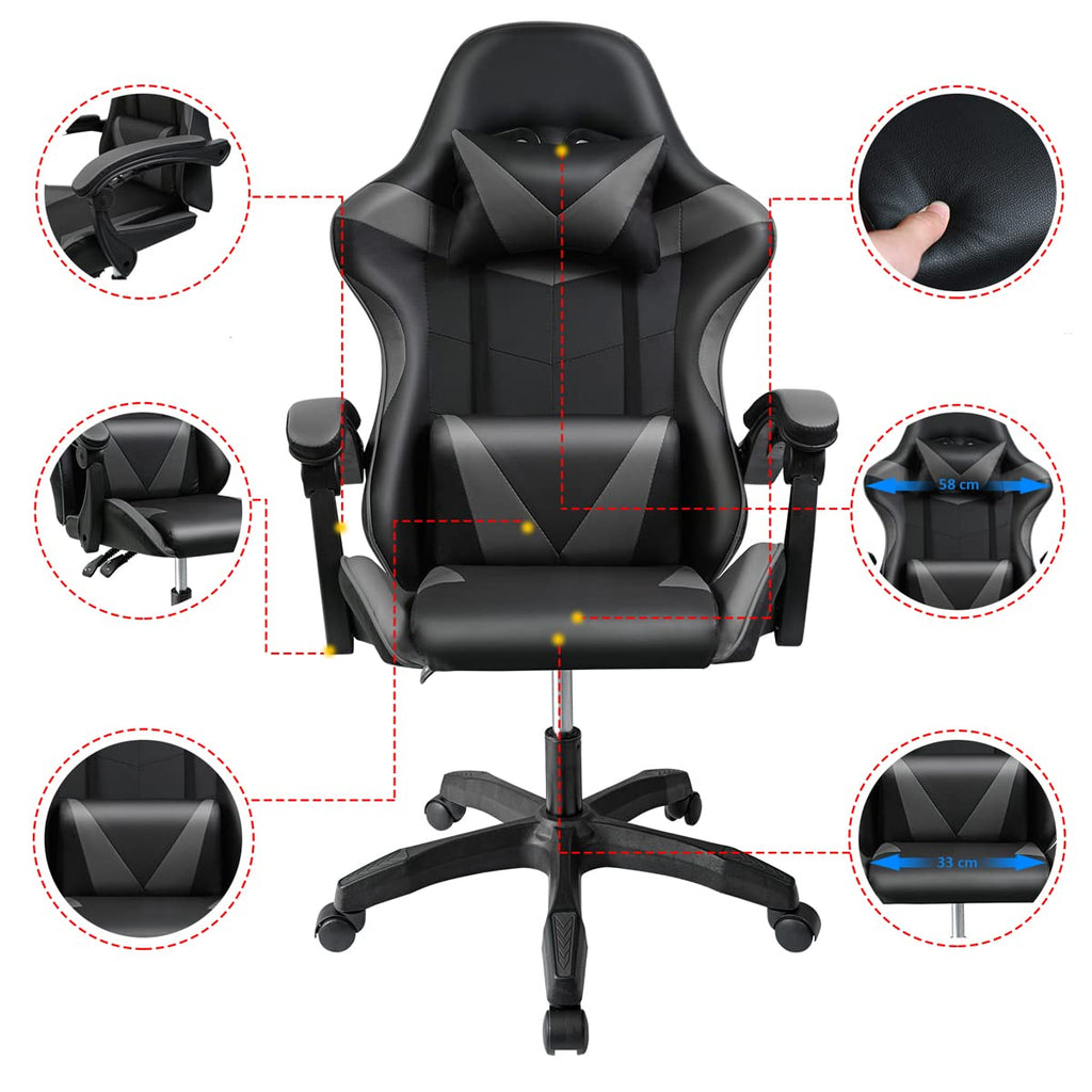 Ergonomic Reclining Gaming Chair with Lumbar and Cervical Cushion | Adjustable Height, Padded Armrests, 360° Wheels | Ideal for Office, Desk, Telework, Study, Gaming, Computer