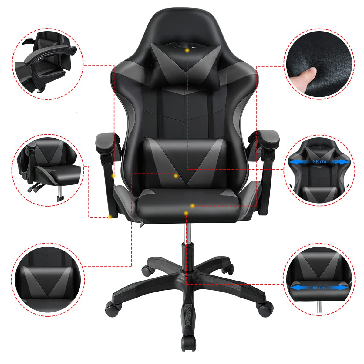 Ergonomic Reclining Gaming Chair with Lumbar and Cervical Cushion | Adjustable Height, Padded Armrests, 360° Wheels | Ideal for Office, Desk, Telework, Study, Gaming, Computer