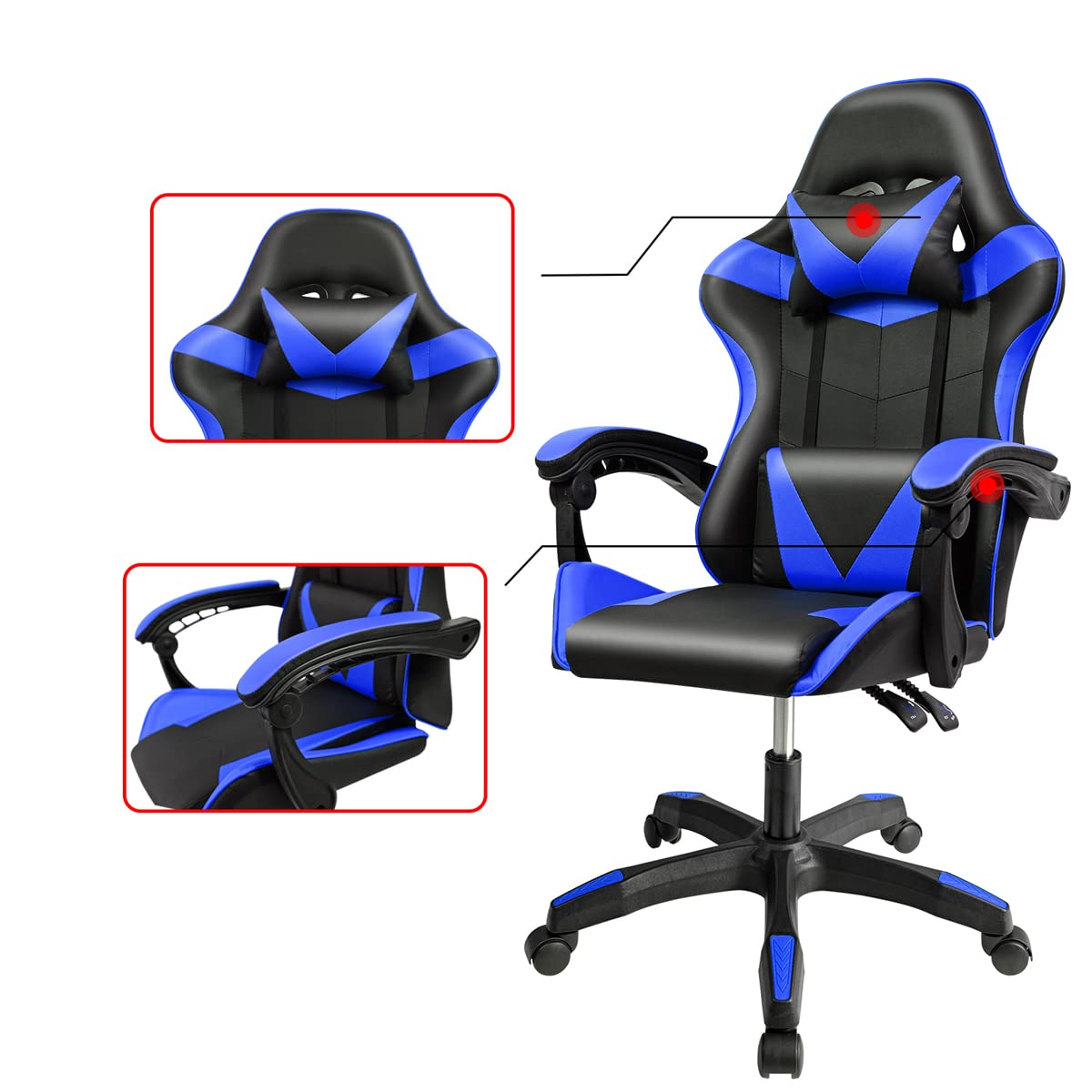 Ergonomic Reclining Gaming Chair with Lumbar and Cervical Cushion | Adjustable Height, Padded Armrests, 360° Wheels | Ideal for Office, Desk, Telework, Study, Gaming, Computer