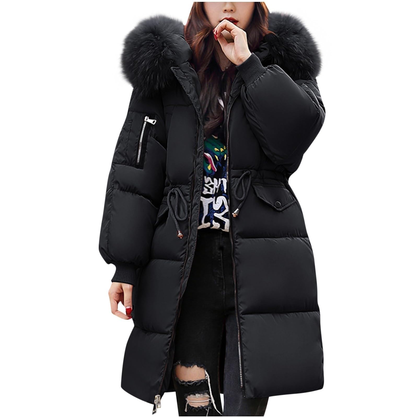 Women's Warm Winter Coat with Hood Thick Padded Jacket Winter Cotton Jacket with Hood, Plush Outer Coat with Waist, Ski Coat and