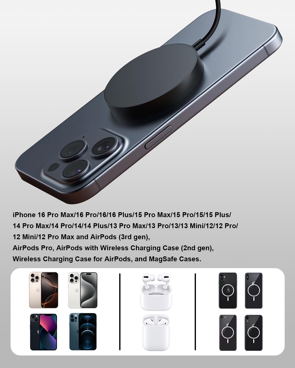15W Wireless iPhone Charger, Mag-Safe Carregador Sem Fios Fast Charging Wireless iPhone Charger Wireless Charger for iPhone 17/16/15/14/13/12/11/Pro Max/XR/X/8 Series AirPods, Black