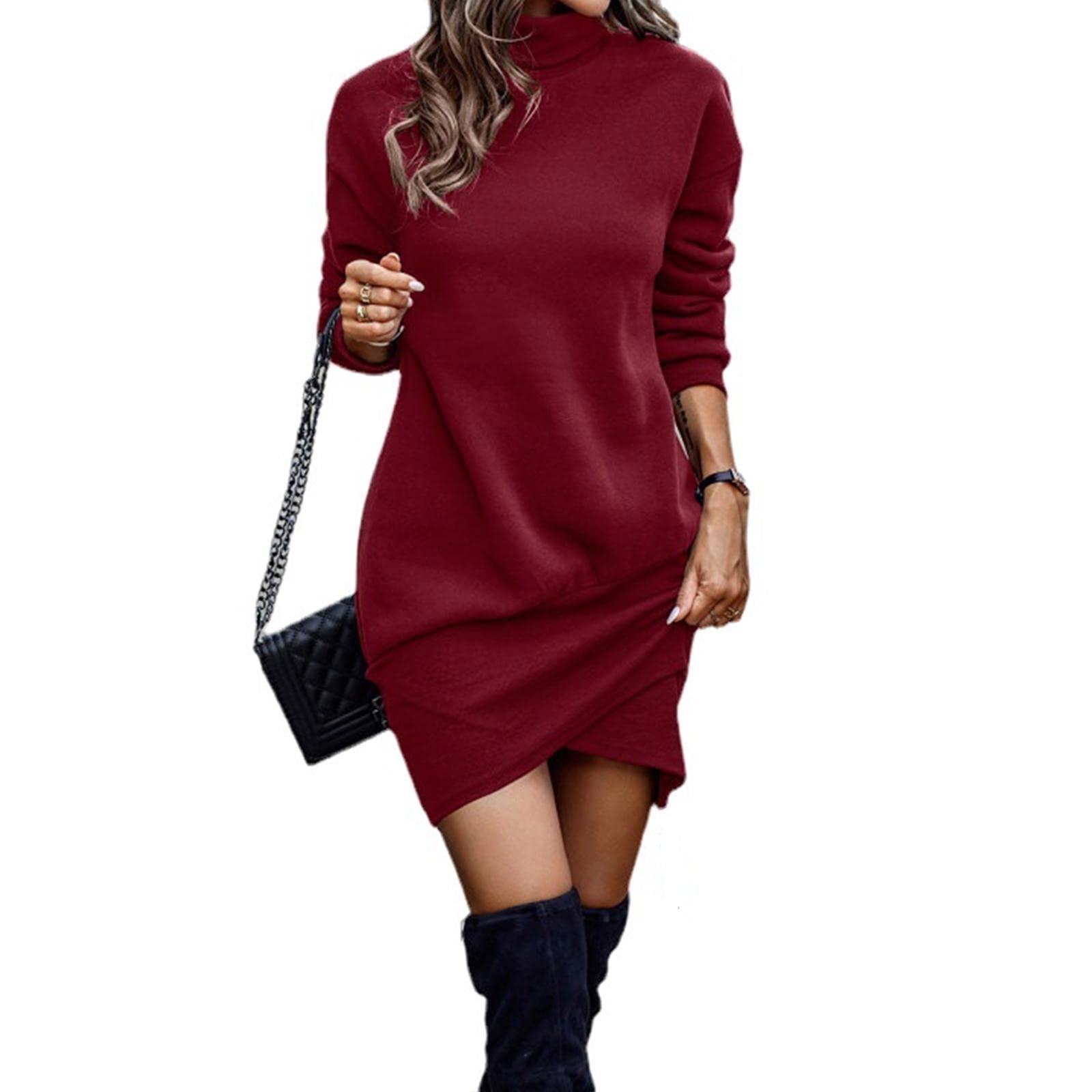 Knitted Dress for Women Elegant Sweater Dress High Neck Pullover Long Sleeve A-Line for Autumn Winter Dress
