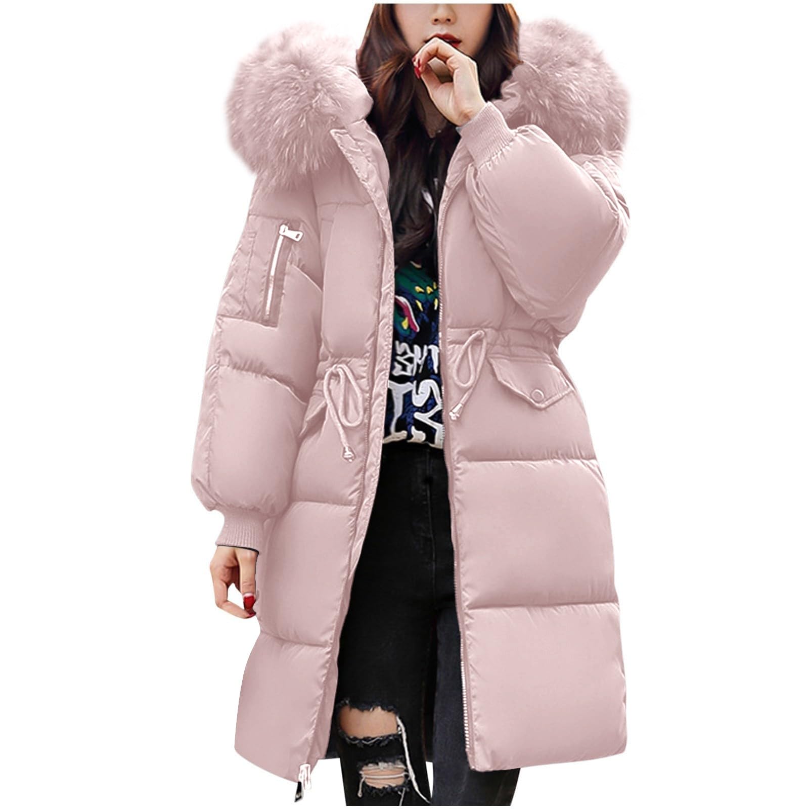 Women's Warm Winter Coat with Hood Thick Padded Jacket Winter Cotton Jacket with Hood, Plush Outer Coat with Waist, Ski Coat and