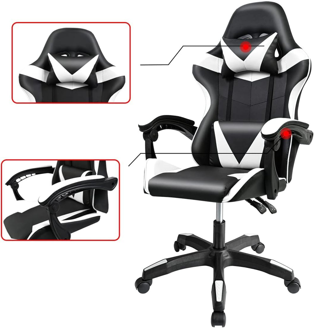 Ergonomic Reclining Gaming Chair with Lumbar and Cervical Cushion | Adjustable Height, Padded Armrests, 360° Wheels | Ideal for Office, Desk, Telework, Study, Gaming, Computer