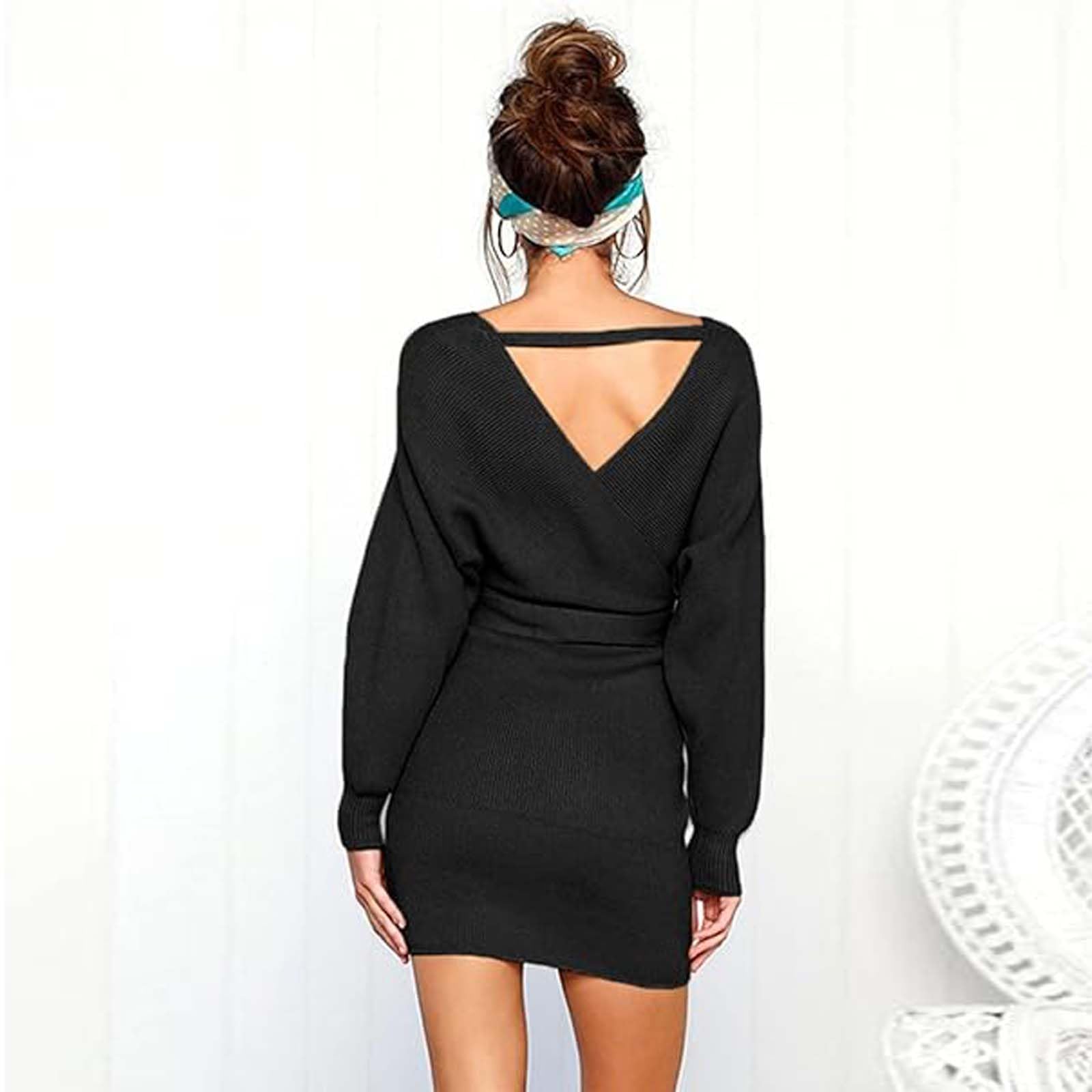 Dresses Long Sleeve Women Sexy V Neck Mini Dress Knitted with Belt Short Sweater Dress Backless Elegant for Autumn Winter