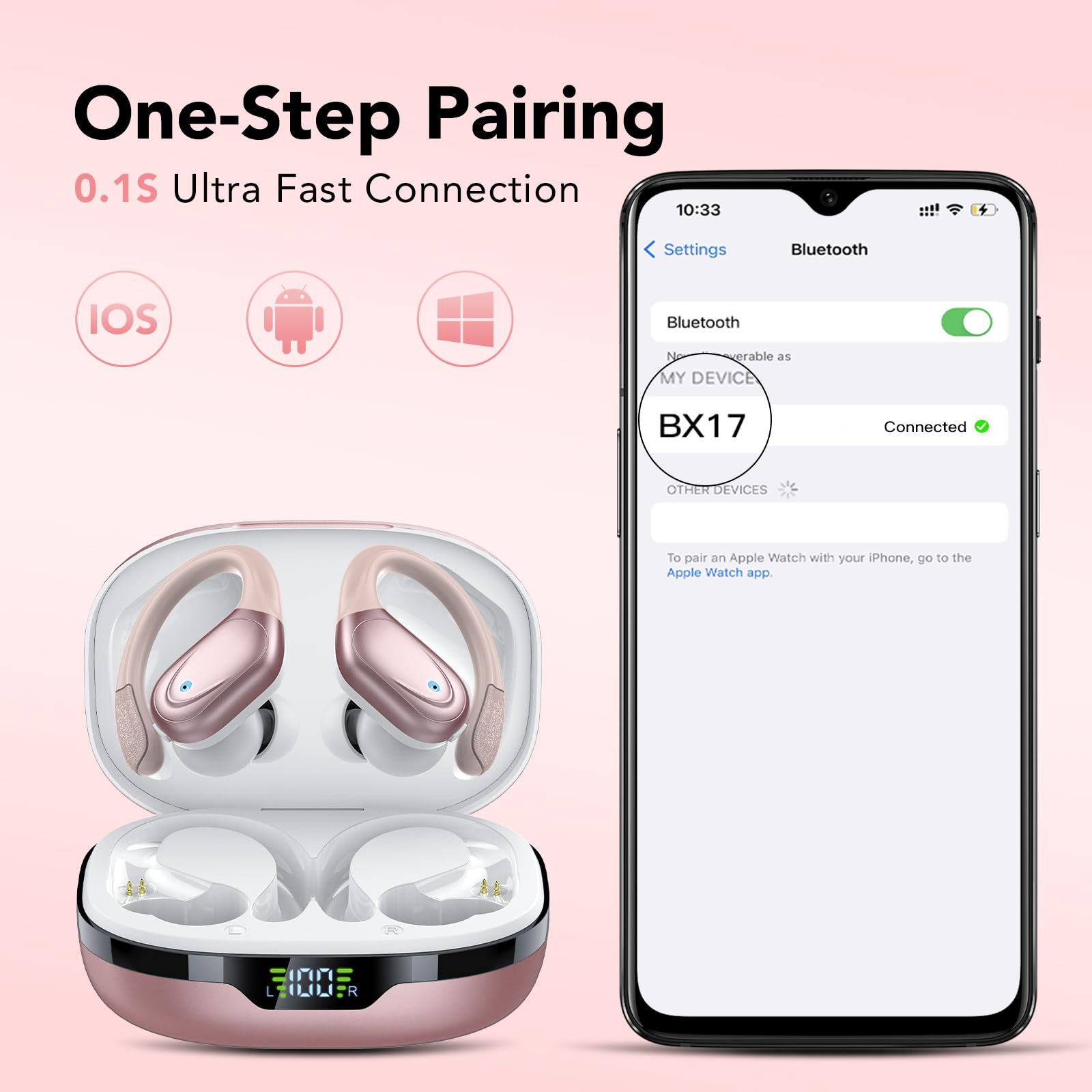 Wireless Headphones, Bluetooth 5.3 Sports Headphones with Ear Hooks, 60H Playback, LED Display, ENC HD Call, Deep Low, Comfortable Fit, IPX7 Waterproof (Black)