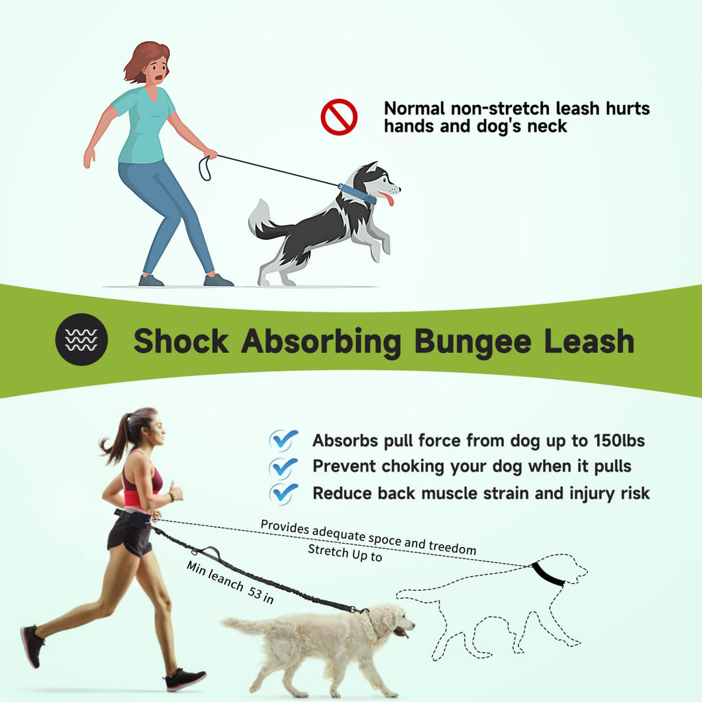 Nobleza Elastic Hands-Free Dog Leash with Pocket, Retractable Dog Leash with Double Elastic Rope, Adjustable Belt, Reflective Band
