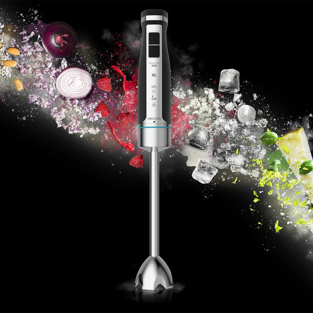 Cecotec Power TitanBlack 1500 XL PerfectCream&Crush Hand Blender, 1500 W, CrossBlades Technology with 4-Blade Blades, XL Foot, Includes Chopper, Whisk Sticks and Masher