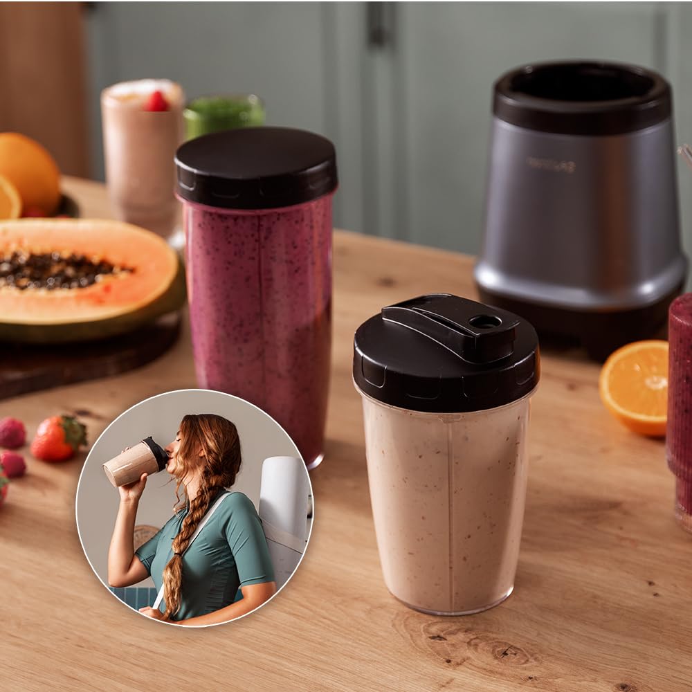 Cecotec EasyGo Power Titanium 350 350 W Portable Single Cup Blender, Ice Pick, 4 Blades Titanium Coated Black Blades, Includes 2 Cooling Tubes, 2 Portable Cups and 2 Lids