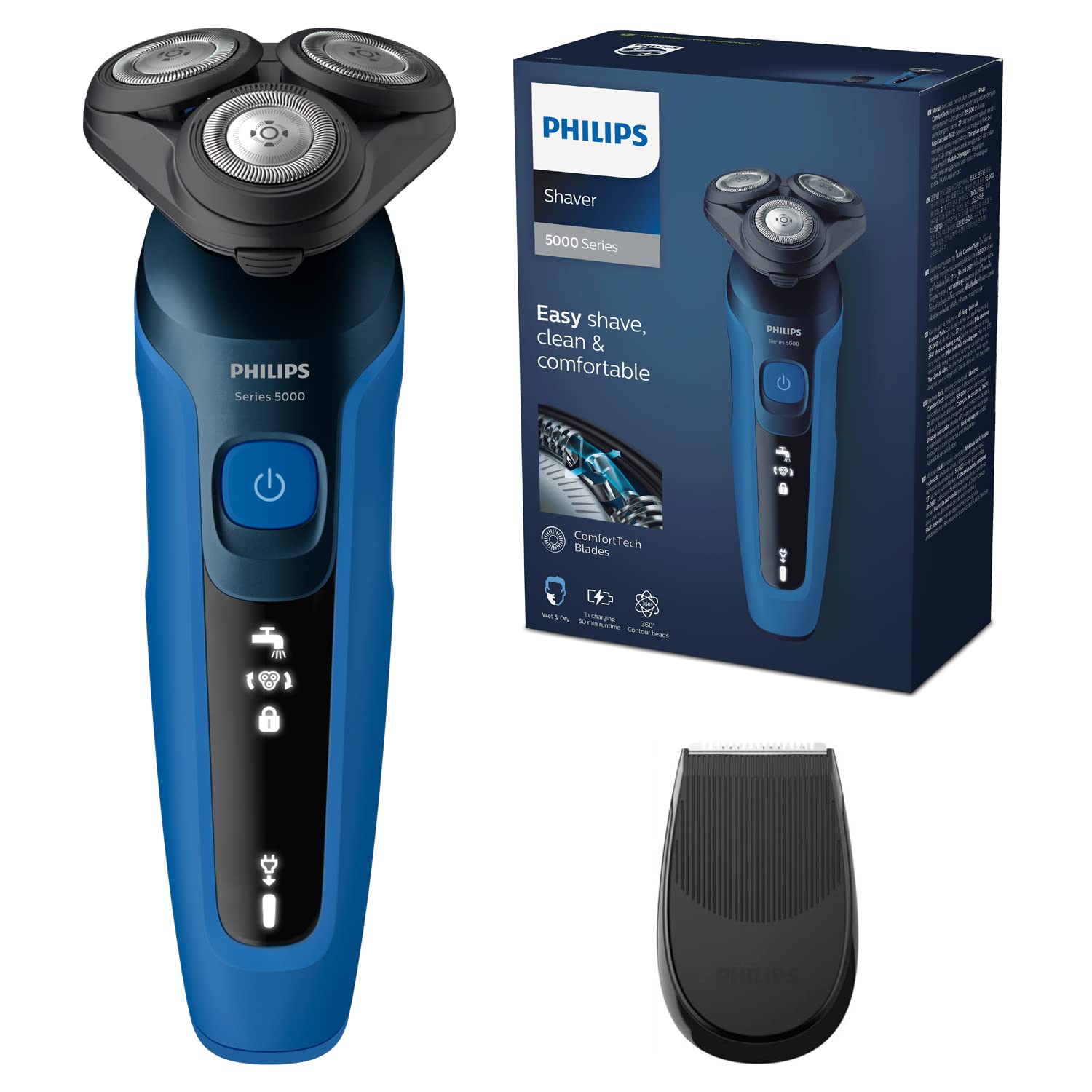 Philips 5000 Series Men's Electric Shaver, Beard Shaver with Trimmer, 27 Blades, 360° Flexible Head, 50 min Use, Dry and Wet, Rechargeable, Case, S5466/18, Blue Black