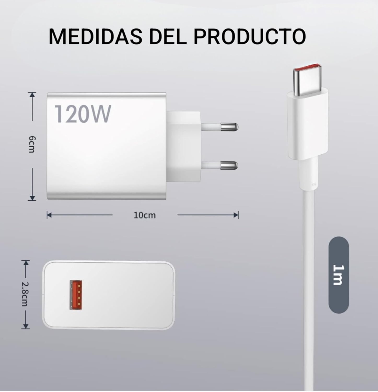 Quick Charge Charger 120 W USB-C Cable 1 Meter, 6 A, Ultra Fast Charging QC 3.0, Compatible, for Xiaomi, Redmin Note, Poco.