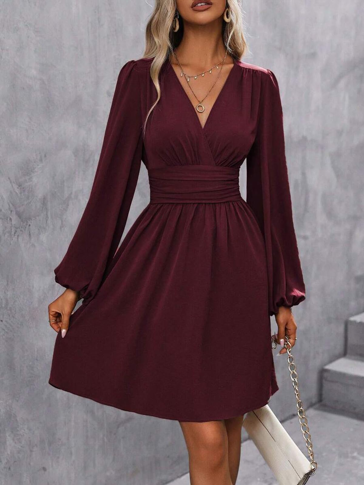 Dress Long Sleeve/Short Sleeve Women Casual Long Dresses V Neck Elegant Lantern Sleeve Dress A-Line Butterfly Sleeves