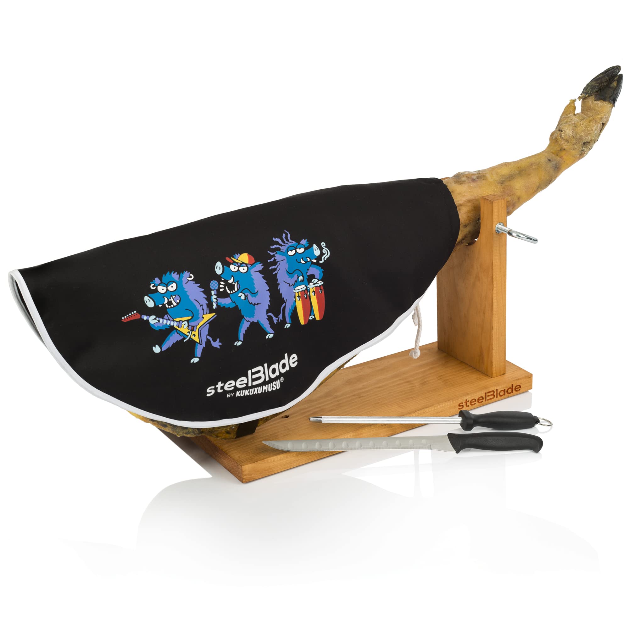 Ham Holder + Kukuxumusu Ham Cover + Ham Knife and Chaira – Ham Holder Made in Spain