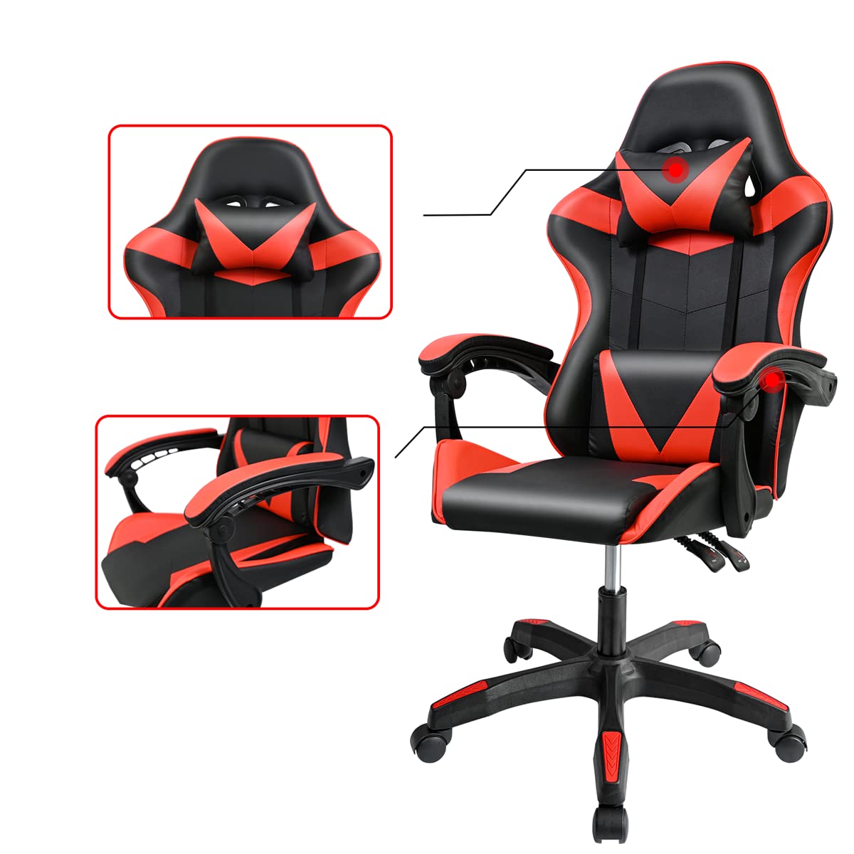 Ergonomic Reclining Gaming Chair with Lumbar and Cervical Cushion | Adjustable Height, Padded Armrests, 360° Wheels | Ideal for Office, Desk, Telework, Study, Gaming, Computer