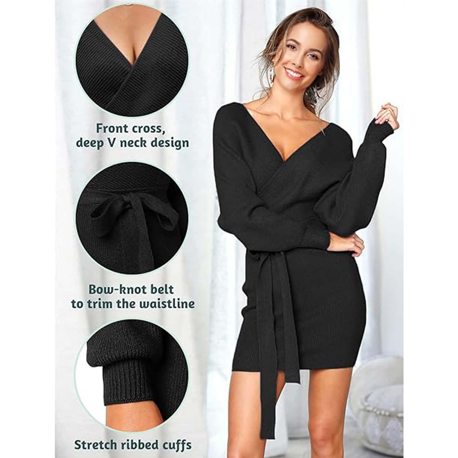Dresses Long Sleeve Women Sexy V Neck Mini Dress Knitted with Belt Short Sweater Dress Backless Elegant for Autumn Winter